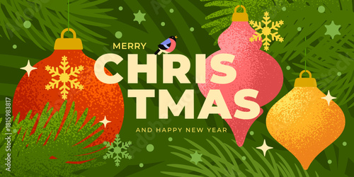 Merry Christmas and Happy New Year greeting banner. Modern minimal Xmas art design with texture, typography, Christmas tree branches, ornaments and snowflakes on green background. Vector Illustration