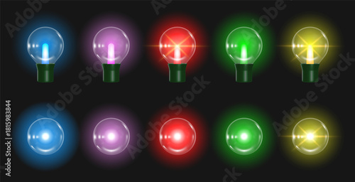 3d colorful glowing light bulbs for Christmas garland lights. Bright multicolored glowing light bulbs with transparent effect, realistic reflections and vibrant illumination. Vector illustration