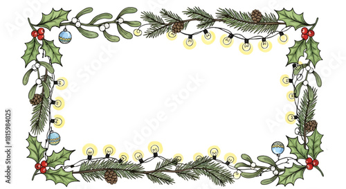Festive Frame with Christmas Ornaments and Evergreen Branches for Seasonal Greetings