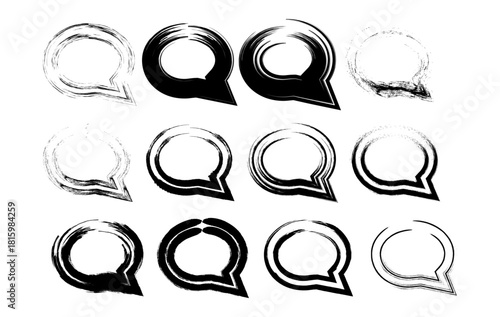 This collection features hand drawn, brush stroke speech bubbles in a grunge style. Perfect for social media designs, messaging app concepts, stickers, posters, and modern graphic layouts.