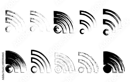 Grunge style Wi Fi signal set featuring rough, sketchy, and brush painted connectivity icons for web design and digital applications