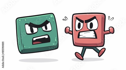 Two stylized square figures exhibit intense antagonism in a confrontation.