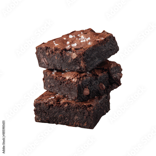 Stack of Three Chocolate Brownies with Sea Salt Sprinkled on Top, on Black Background