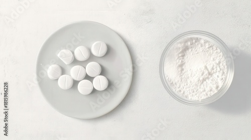 White tablets and powder on white background isolated. Generative AI