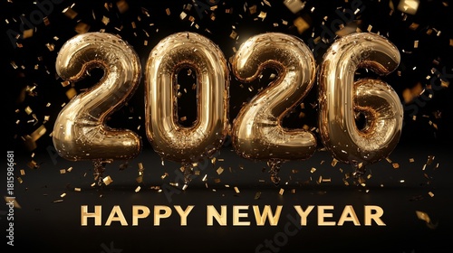 A 3D-rendered golden balloon-style number 2026 floating against a dark background, surrounded by gold confetti and sparkles. Below the numbers, the phrase happy new year appears in gold capital letter
