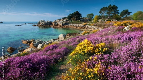 Scenic background with blooming heather and gorse at Emerald coast of Brittany France.