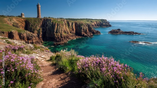 Scenic view of Cap Frehel with lighthouse at the emerald coast of Brittany France.