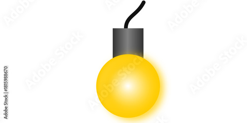 Illustration of a single glowing yellow light bulb hanging from a black wire against a white background.