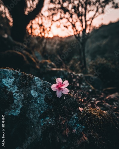 Pink Blossom On Rock At Sunset