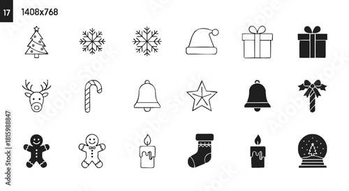 Festive Christmas Icon Collection Snowflakes, Gifts, Reindeer, and Holiday Symbols in Minimalist Style