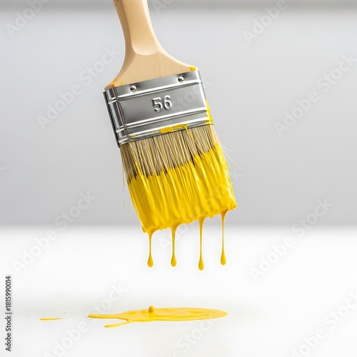 Paintbrush with Dripping Yellow Paint - A Close-Up View.