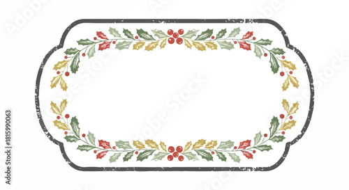 Elegant Watercolor Style Winter Botanical Frame Adorned with Festive Holly Leaves and Red Berries, Perfect for Seasonal Holiday Greetings and Decorative Label Designs
