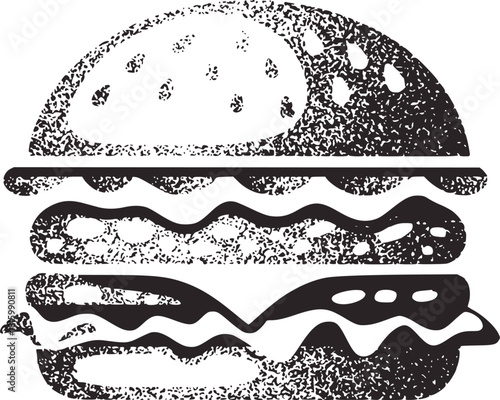 Black and white burger illustration with textured bun and fillings