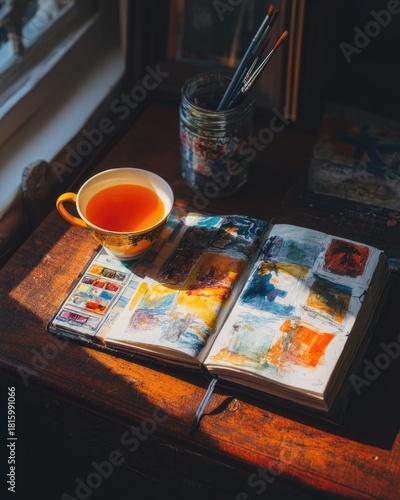 Cozy Artist Workspace With Tea And Sketchbook