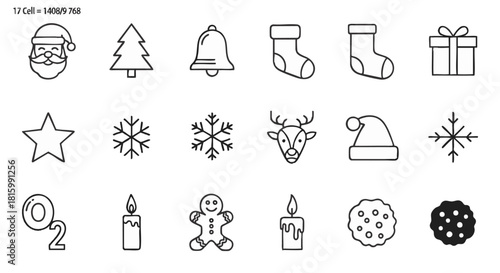 A collection of minimalist Christmas line icons representing winter holiday symbols like Santa Claus, reindeer, gifts, and festive treats
