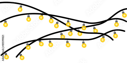 Illustration of tangled black string lights with glowing yellow bulbs on a white background.