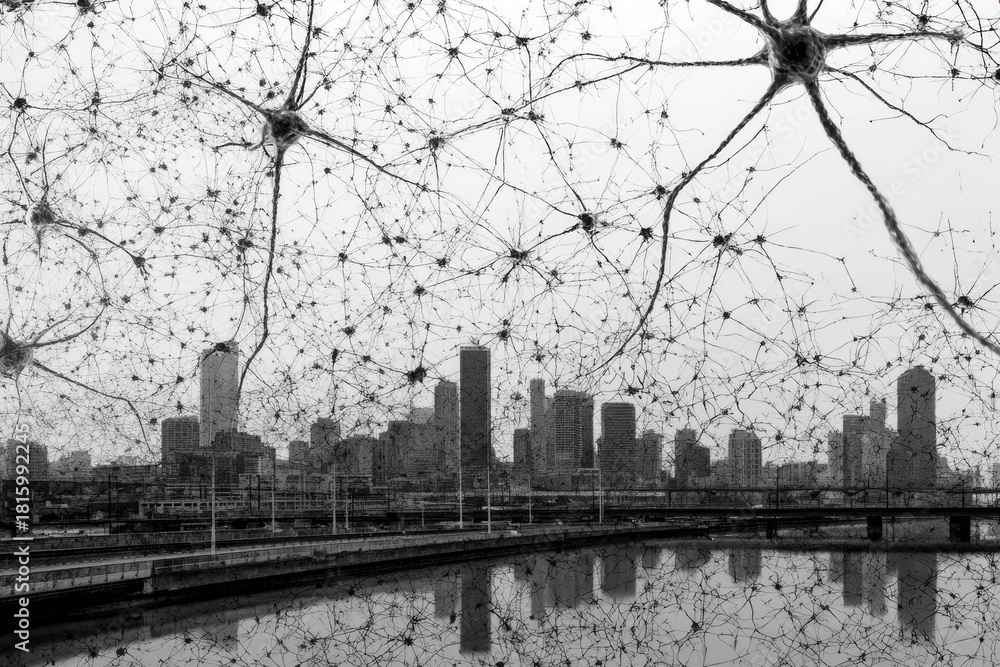 Fototapeta premium Neural Architecture: Neurons as architects building a cityscape with neurotransmitter bridges connecting different regions.