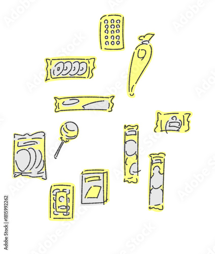 いろいろな駄菓子セット　ラフ仕上げ　単色