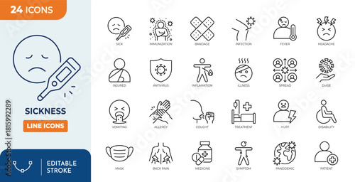 Sickness line editable icon set. Contain icons related to Sickness, illness, injury, infection, symptom, pain, and more. Editable stroke. Vector illustration