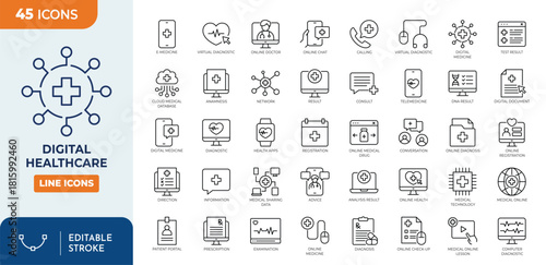 Digital Healthcare line editable icon set. Contain icons related to Telemedicine, Digital healthcare, and more. Editable stroke. Vector illustration