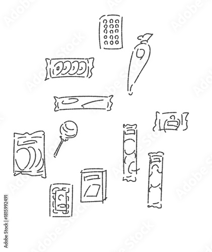 いろいろな駄菓子セット　ラフ仕上げ　線のみ