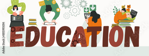 Text education, huge letters, hand drawn vector illustration.