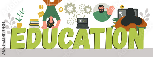 Text education, huge letters, hand drawn vector illustration.