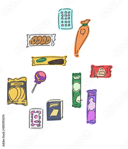 いろいろな駄菓子セット　ラフ仕上げ　カラー