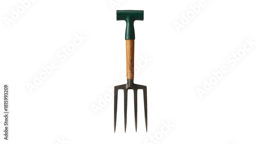 A sturdy garden fork with a wooden handle and dark green grip isolated on transparent background