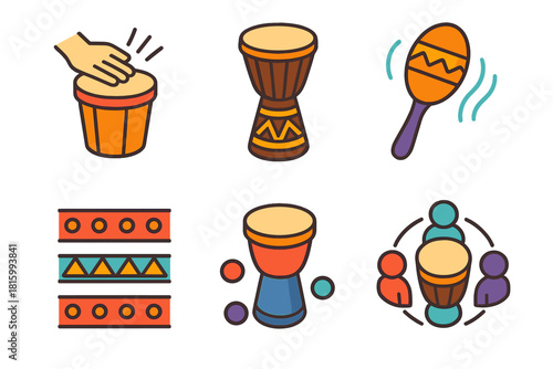 Vibrant Rhythm Set Icons. Traditional Rhythm flat icon set: hand drum, carved djembe, shaker, rhythm lines, pattern, drum circle