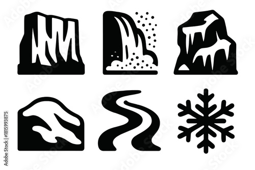 Brutalist Winter Icons. Winter Cascade silhouette icon set: glacier wall, misty spray, frozen rock, snow drift, river bend, frost crystal