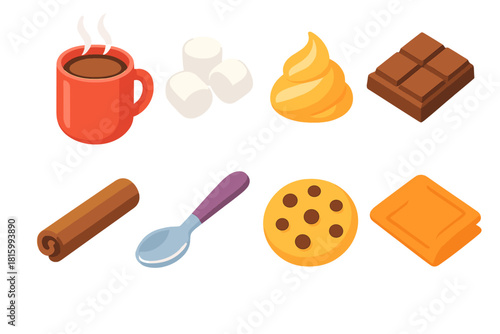 Cozy Hot Chocolate Icons. Classic Hot Chocolate Set flat icon set: steaming mug, marshmallows, whipped cream swirl, chocolate bar, cinnamon stick, spoon, cookie, cozy napkin