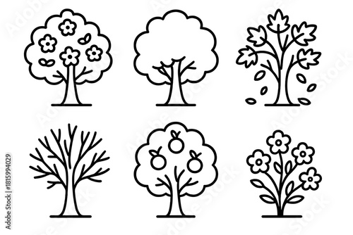 Seasonal Tree Icons. Seasonal Trees Set linear icon set: blooming spring tree, leafy summer tree, autumn tree, bare winter tree, fruit tree, flowering shrub