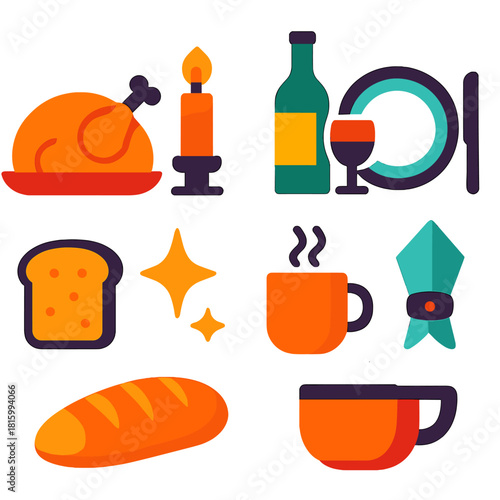 Festive Feast Icons. Festive feast flat icon set : turkey roast, candlelight, wine bottle, dining plate, bread slice, star sparkle, mug, napkin