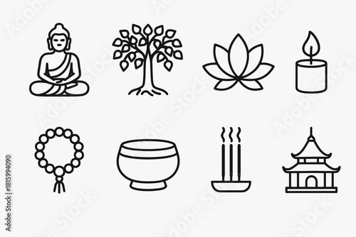 Bodhi Day Shrine Icons. Bodhi Day Buddhist Shrine linear icon set: Buddha statue, Bodhi tree, lotus flower, candlelight, prayer beads, offering bowl, incense, temple