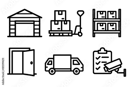 Industrial Storage Icons. Storage building concept linear icon set: metal warehouse, stack of boxes, pallet jack, storage racks, open door, truck, clipboard, security camera