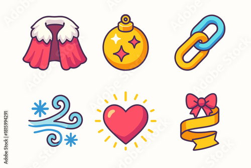 Festive Isometric Icons. Holiday Paradox flat icon set: fur cloak, glitter ornament, chain link, glowing heart, icy wind, festive ribbon