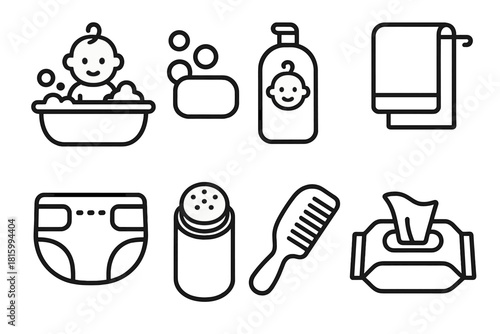 Baby Care Essentials. Infant hygiene concept linear icon set: baby bath, soap, shampoo bottle, towel, diaper, powder, comb, baby wipes
