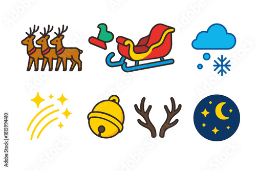 Isometric Reindeer Icons. Reindeer Team flat icon set: group of reindeer, flying sleigh, winter cloud, snowflake, sparkling trail, collar bell, antlers, night sky