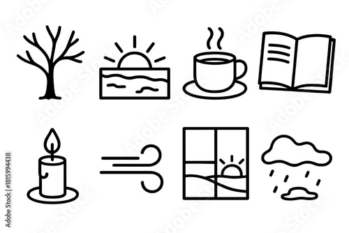 Winter Morning Icons. Season of Reflection linear icon set: bare tree, melting snow, sunrise horizon, cup of tea, notebook, candle flame, gentle breeze, window view