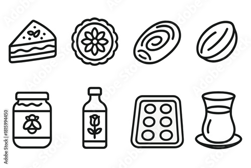 Middle Eastern Desserts. Middle Eastern Sweets linear icon set: baklava slice, ma’amoul cookie, date pastry, pistachio, honey jar, rose water bottle, oven tray, tea glass