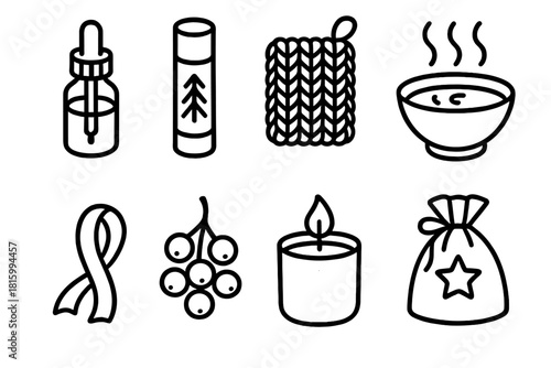 Christmas Wellness Icons. Christmas Wellness DIY linear icon set: aromatherapy vial, pine balm stick, knitted square, herbal steam bowl, soft ribbon curl, fragrant bead cluster