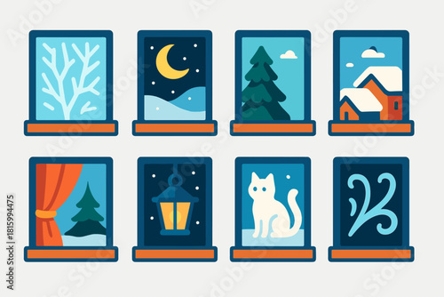 Winter Window Icons. Winter Window Views flat icon set: frosty window frame, moonlight reflection, snowy rooftops, pine outside, curtain tie, lantern glow, snow cat, frost swirl