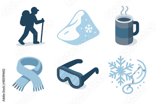 Winter Trek Icons. Winter Trek flat icon set : hiker silhouette, snowy hill, thermos mug, scarf, snow goggles, snowflake swirl