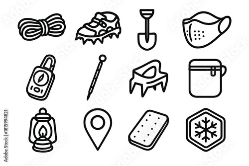 Winter Expedition Gear Icons. Winter Terrain Tools Elements linear icon set: thermal rope, ice cleats, expedition shovel, frost mask, navigation board, snow probe, foothold spikes