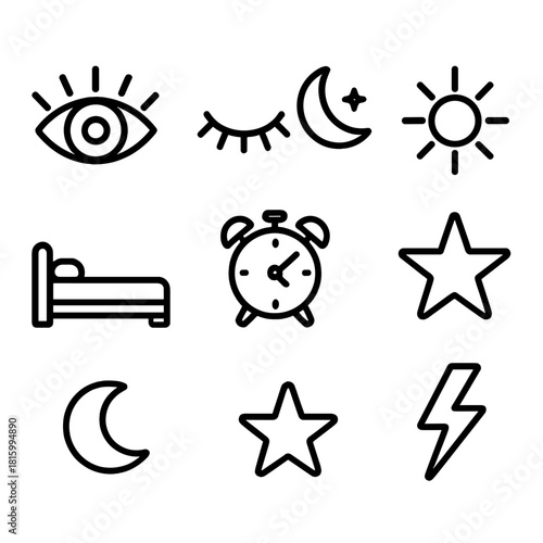 Day and Night Icons. Sleep and wake concept linear icon set: open eye, closed eye, moon, sun, bed, clock, star, energy bolt