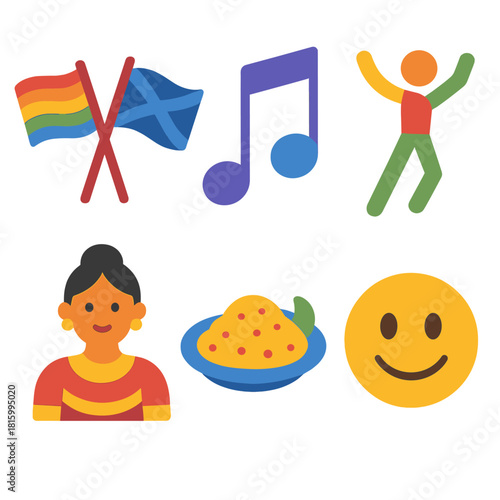 Vibrant Diversity Icons. Diversity Celebration flat icon set: flags, music note, dance figure, traditional dress, food plate, smile