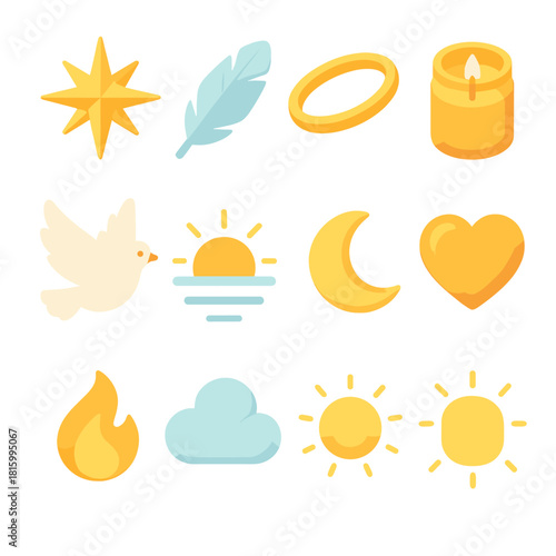 Guiding Light Icons. Guiding Light flat icon set : radiant star, feather, halo ring, candle jar, dove, sunrise hue, moonlight, glowing heart, gentle flame, soft cloud, golden aura