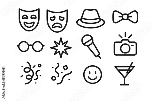 Costume Party Icons. Themed Costume Party linear icon set: comedy mask, tragedy mask, hat, bow tie, glasses, starburst, microphone, camera flash, streamer, confetti, smile icon