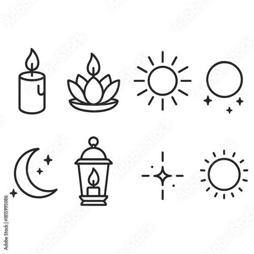 Serene Light Icons. Peaceful light linear icon set : candle flame, lotus lamp, soft sunbeam, glowing orb, moonlight, serene lantern, gentle spark, calm aura